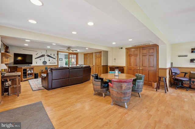 1 Locust Ln, Media, PA 19063 - dining area featuring light wood finished floors, a wainscoted wall, recessed lighting, and a ceiling fan