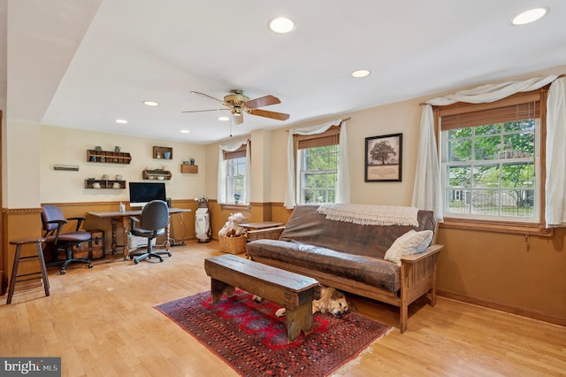 1 Locust Ln, Media, PA 19063 - living room featuring wood finished floors, ceiling fan, an office area, and recessed lighting