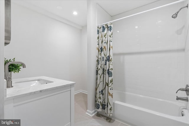 8118 Chapel Cove Dr, Laurel, MD 20707 - bathroom with shower / bathtub combination with curtain, vanity, tile patterned flooring, and recessed lighting