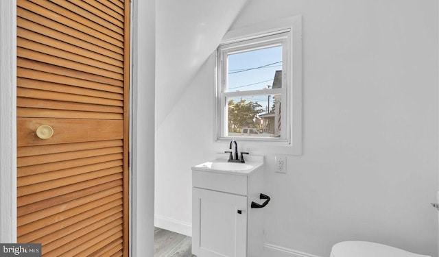 212 Broad St, Elmer, NJ 08318 - half bathroom with baseboards, toilet, wood finished floors, and vanity