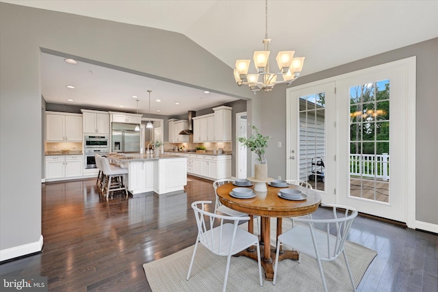 9830 Forge Valley Ct, Perry Hall, MD 21128 - dining room featuring a chandelier, lofted ceiling, dark wood finished floors, baseboards, and recessed lighting