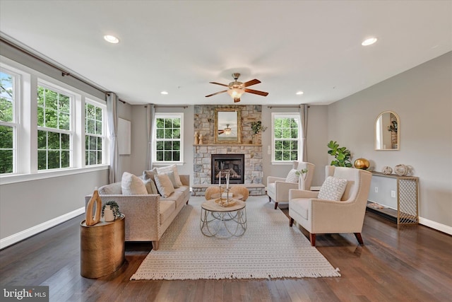 9830 Forge Valley Ct, Perry Hall, MD 21128 - living room featuring a ceiling fan, a fireplace, dark wood-type flooring, baseboards, and recessed lighting