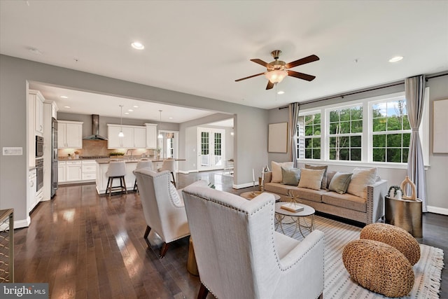 9830 Forge Valley Ct, Perry Hall, MD 21128 - living room with dark wood-style flooring, a ceiling fan, baseboards, and recessed lighting