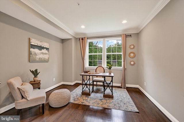 9830 Forge Valley Ct, Perry Hall, MD 21128 - office area with dark wood-type flooring, baseboards, crown molding, and recessed lighting
