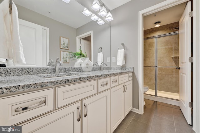 9830 Forge Valley Ct, Perry Hall, MD 21128 - full bath featuring toilet, double vanity, a stall shower, and tile patterned floors