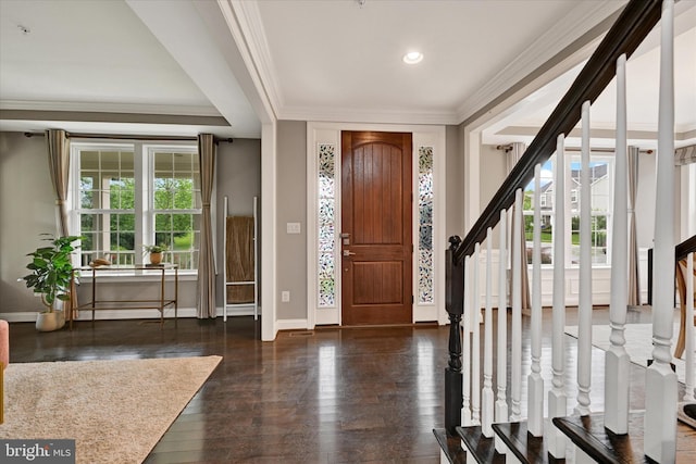 9830 Forge Valley Ct, Perry Hall, MD 21128 - foyer with baseboards, stairway, wood finished floors, recessed lighting, and ornamental molding