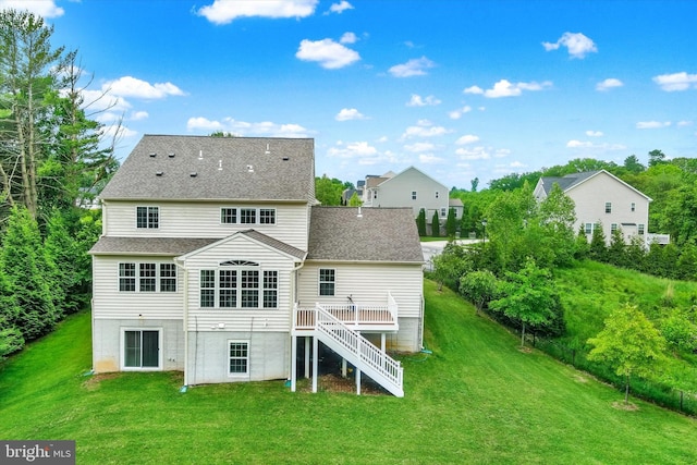 9830 Forge Valley Ct, Perry Hall, MD 21128 - rear view of property with stairs, a deck, a lawn, and a shingled roof