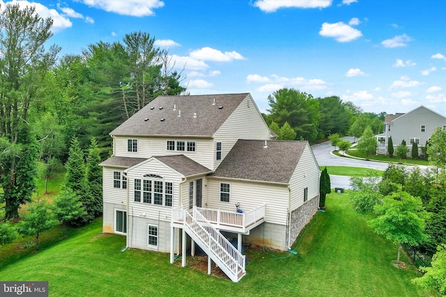 9830 Forge Valley Ct, Perry Hall, MD 21128 - back of house with a wooden deck, roof with shingles, a yard, and stairs