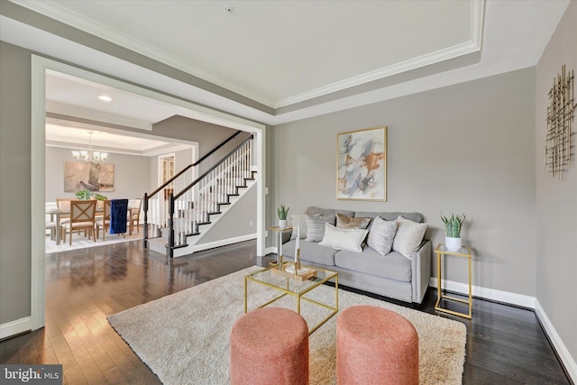 9830 Forge Valley Ct, Perry Hall, MD 21128 - living room with stairs, a chandelier, hardwood / wood-style flooring, baseboards, and a raised ceiling