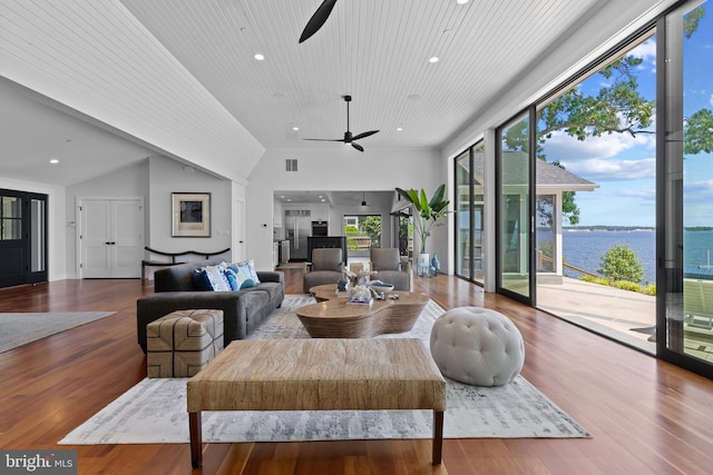 2514 Lyon Dr, Annapolis, MD 21403 - living room featuring ceiling fan, healthy amount of natural light, a water view, recessed lighting, and wood finished floors