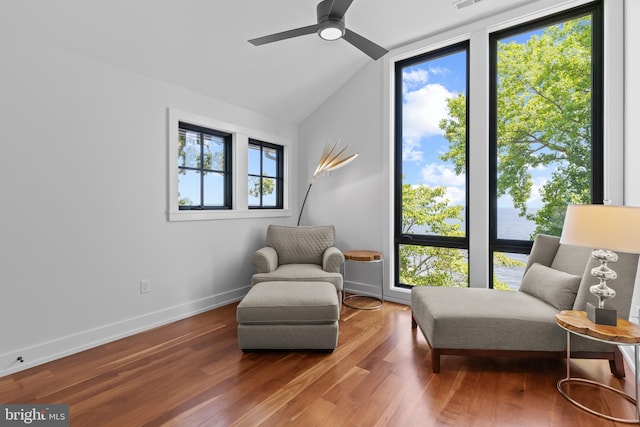 2514 Lyon Dr, Annapolis, MD 21403 - sitting room featuring wood finished floors, lofted ceiling, ceiling fan, and baseboards