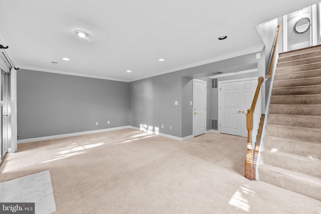20580 Willoughby Sq, Sterling, VA 20165 - unfurnished living room featuring stairway, light colored carpet, crown molding, baseboards, and recessed lighting