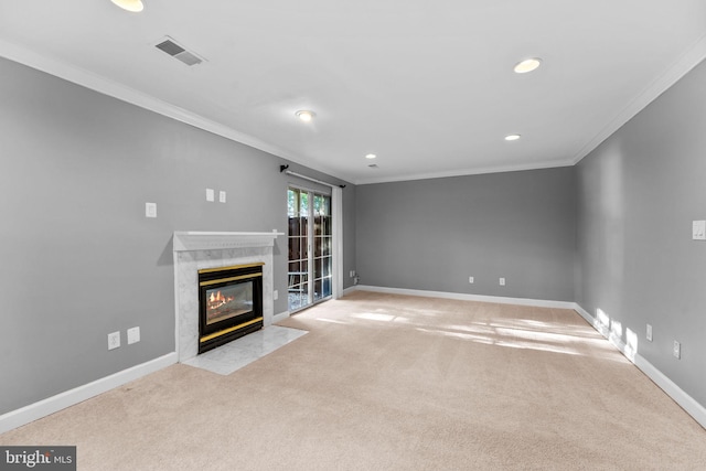20580 Willoughby Sq, Sterling, VA 20165 - unfurnished living room featuring ornamental molding, a high end fireplace, light carpet, recessed lighting, and baseboards
