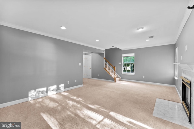 20580 Willoughby Sq, Sterling, VA 20165 - unfurnished living room featuring a fireplace, stairs, ornamental molding, carpet, and recessed lighting