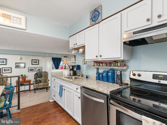 4333 Declaration Cir, Belcamp, MD 21017 - kitchen featuring stainless steel appliances, under cabinet range hood, white cabinetry, and light stone countertops