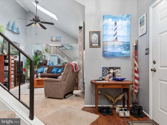 4333 Declaration Cir, Belcamp, MD 21017 - living area with stairs, ceiling fan, wood finished floors, a skylight, and vaulted ceiling
