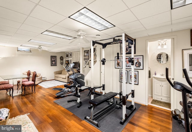 184 Pitman Downer Rd, Sewell, NJ 08080 - workout room with a ceiling fan, wood finished floors, and a drop ceiling