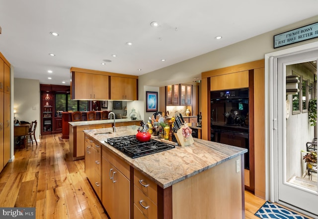 184 Pitman Downer Rd, Sewell, NJ 08080 - kitchen featuring black appliances, an island with sink, recessed lighting, light wood-style floors, and light stone countertops