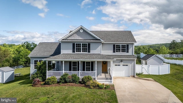 6081 Dotts Ln, Penn Laird, VA 22846 - view of front of property with a porch, driveway, roof with shingles, an attached garage, and a shed