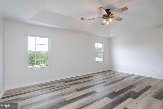 6081 Dotts Ln, Penn Laird, VA 22846 - empty room with a tray ceiling, healthy amount of natural light, wood finished floors, and ceiling fan