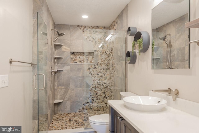 6081 Dotts Ln, Penn Laird, VA 22846 - full bathroom featuring toilet, a tile shower, vanity, recessed lighting, and a textured ceiling
