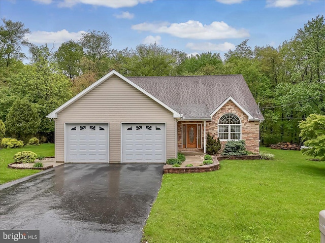 280 Center Rd, Lehighton, PA 18235 - view of front facade with asphalt driveway, roof with shingles, a front lawn, stone siding, and a garage