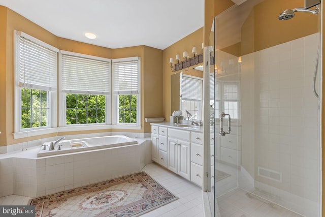1015 Riverview Ln, Conshohocken, PA 19428 - bathroom featuring plenty of natural light, a stall shower, vanity, and tile patterned flooring