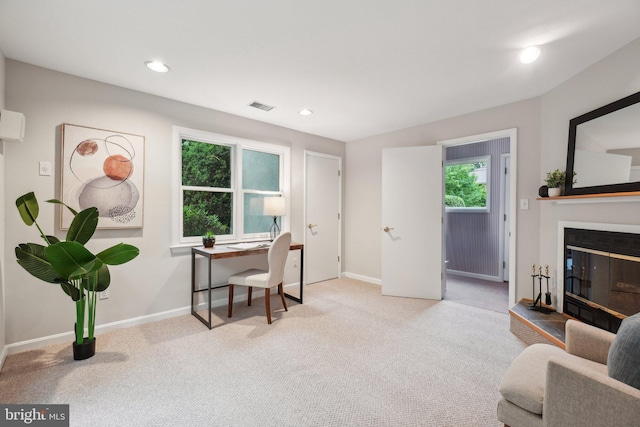 3538 Yuma St NW, Washington, DC 20008 - carpeted office space with baseboards, recessed lighting, and a glass covered fireplace