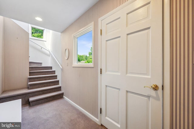 3538 Yuma St NW, Washington, DC 20008 - stairs with baseboards, carpet floors, and healthy amount of natural light