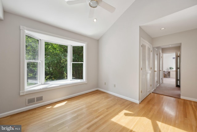 3538 Yuma St NW, Washington, DC 20008 - unfurnished room with baseboards, wood finished floors, a ceiling fan, recessed lighting, and lofted ceiling