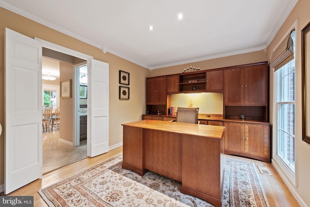 6323 Colchester Rd, Fairfax Station, VA 22039 - office featuring ornamental molding, light wood-style floors, recessed lighting, baseboards, and built in study area