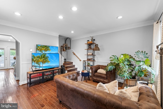 1420 V St SE, Washington, DC 20020 - living area featuring arched walkways, recessed lighting, dark wood-style flooring, stairway, and crown molding