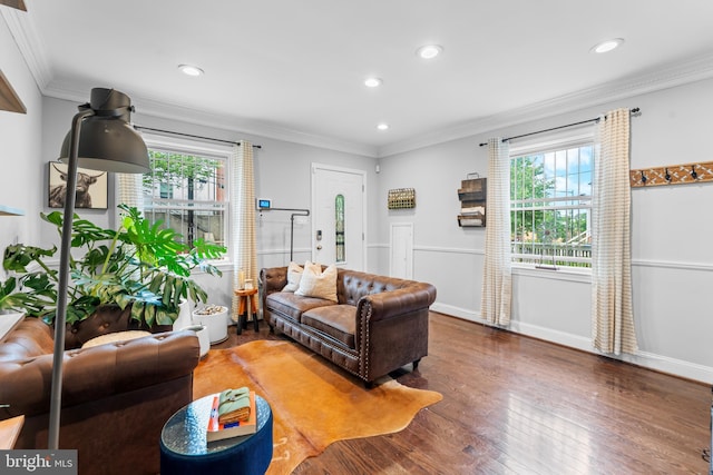 1420 V St SE, Washington, DC 20020 - living room featuring healthy amount of natural light, crown molding, wood finished floors, recessed lighting, and baseboards