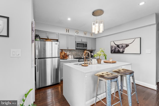 1420 V St SE, Washington, DC 20020 - kitchen with stainless steel appliances, gray cabinets, light countertops, dark wood-style floors, and backsplash