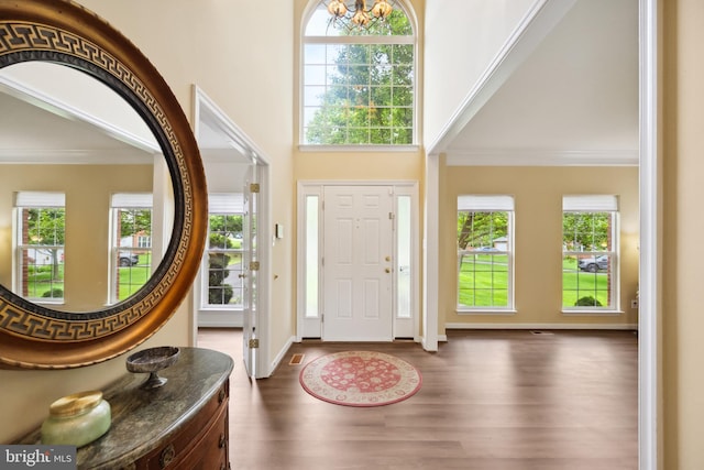 8456 Summer Breeze Pl, Manassas, VA 20112 - foyer entrance featuring a towering ceiling, dark wood-style flooring, ornamental molding, and baseboards