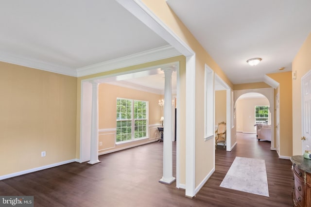 8456 Summer Breeze Pl, Manassas, VA 20112 - corridor with dark wood-type flooring, healthy amount of natural light, decorative columns, ornamental molding, and arched walkways