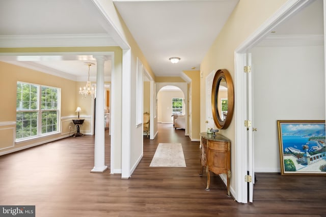 8456 Summer Breeze Pl, Manassas, VA 20112 - hallway featuring wood finished floors, arched walkways, baseboards, and crown molding