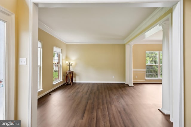 8456 Summer Breeze Pl, Manassas, VA 20112 - unfurnished room featuring ornate columns, dark wood-style flooring, ornamental molding, and baseboards