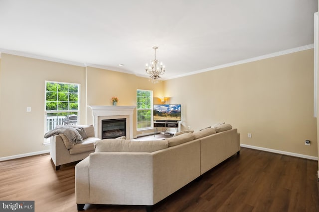 8456 Summer Breeze Pl, Manassas, VA 20112 - living area featuring baseboards, a glass covered fireplace, dark wood-style flooring, and crown molding