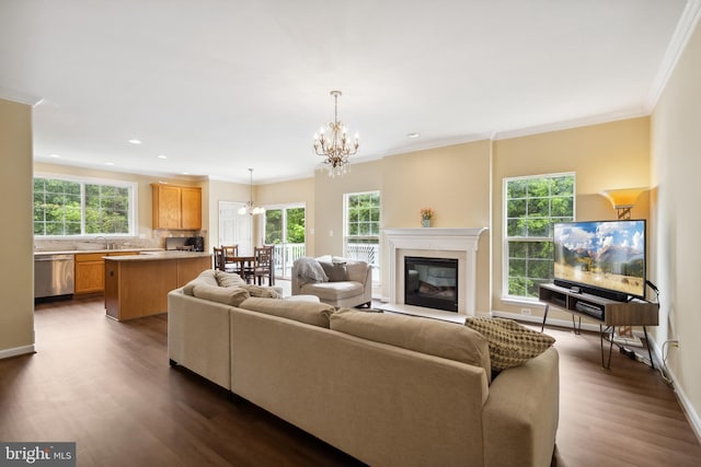 8456 Summer Breeze Pl, Manassas, VA 20112 - living area featuring a chandelier, healthy amount of natural light, dark wood-style flooring, crown molding, and a glass covered fireplace