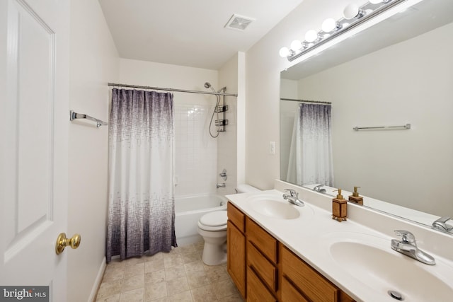 8456 Summer Breeze Pl, Manassas, VA 20112 - full bath featuring double vanity, shower / tub combo with curtain, toilet, and tile patterned flooring