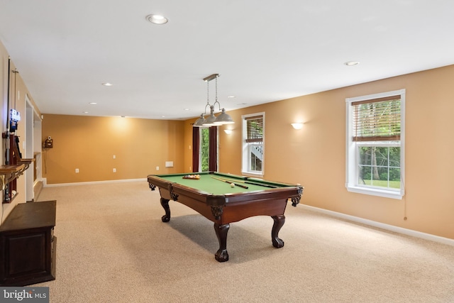 8456 Summer Breeze Pl, Manassas, VA 20112 - rec room featuring light carpet, pool table, baseboards, and recessed lighting