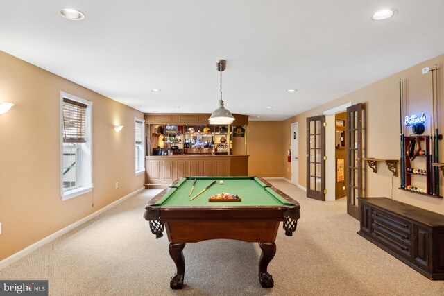 8456 Summer Breeze Pl, Manassas, VA 20112 - recreation room featuring light carpet, billiards table, baseboards, and recessed lighting