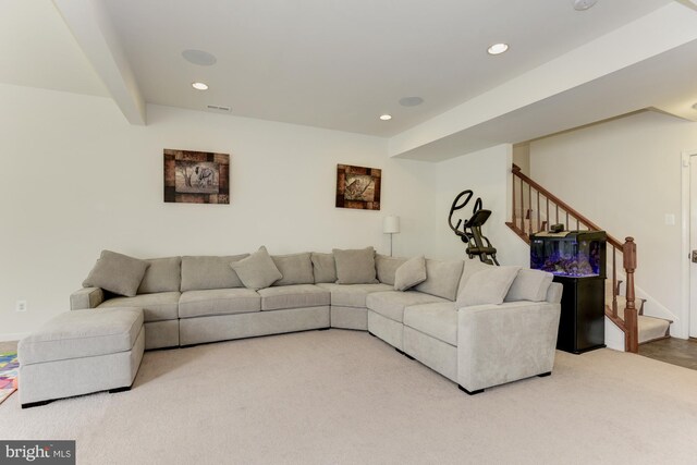 22672 Flowing Spring Sq, Brambleton, VA 20148 - living room featuring stairway, recessed lighting, and carpet flooring