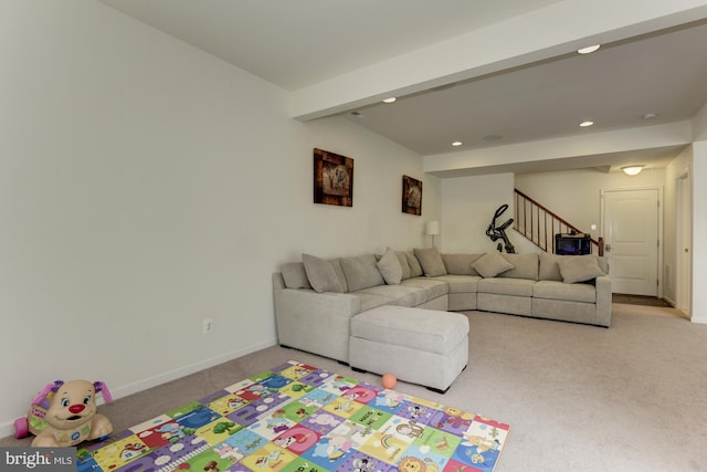 22672 Flowing Spring Sq, Brambleton, VA 20148 - living room with light colored carpet, stairway, recessed lighting, and baseboards