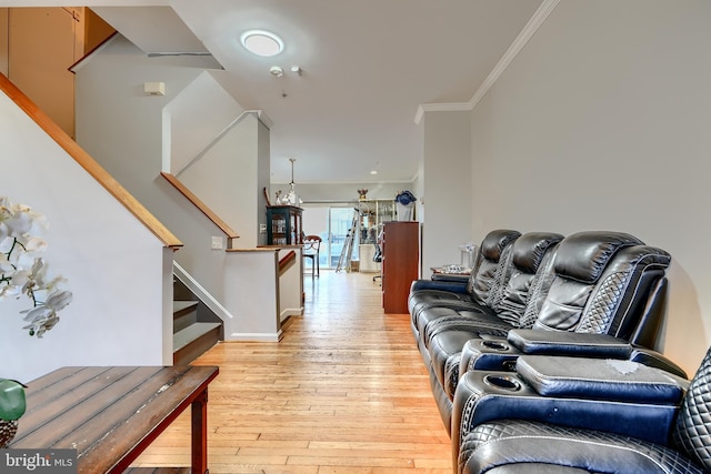 644 Luthardt Rd, Middle River, MD 21220 - living room with ornamental molding, light wood-type flooring, stairs, and baseboards