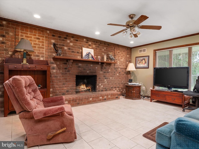 1112 Stromko Dr, Fallston, MD 21047 - living area featuring tile patterned flooring, a ceiling fan, crown molding, a fireplace, and recessed lighting