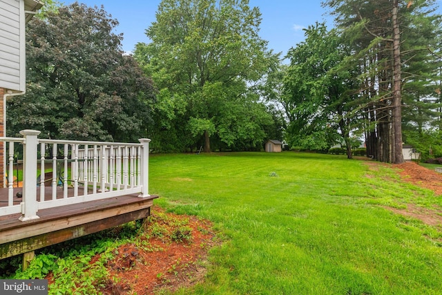 1112 Stromko Dr, Fallston, MD 21047 - view of grassy yard featuring a wooden deck and view of scattered trees