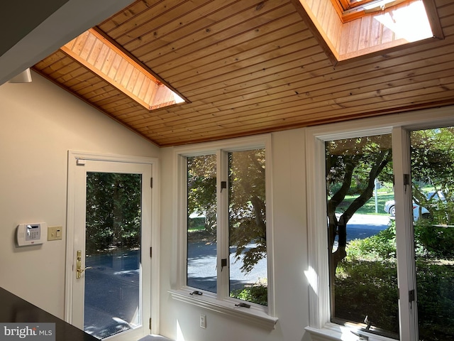 1821 Driver Ave, Lancaster, PA 17602 - doorway to outside with a skylight, lofted ceiling, wooden ceiling, and plenty of natural light