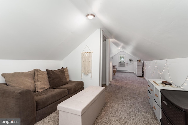 2269 Locust Ln, York, PA 17408 - living area with vaulted ceiling, carpet flooring, cooling unit, and a baseboard radiator